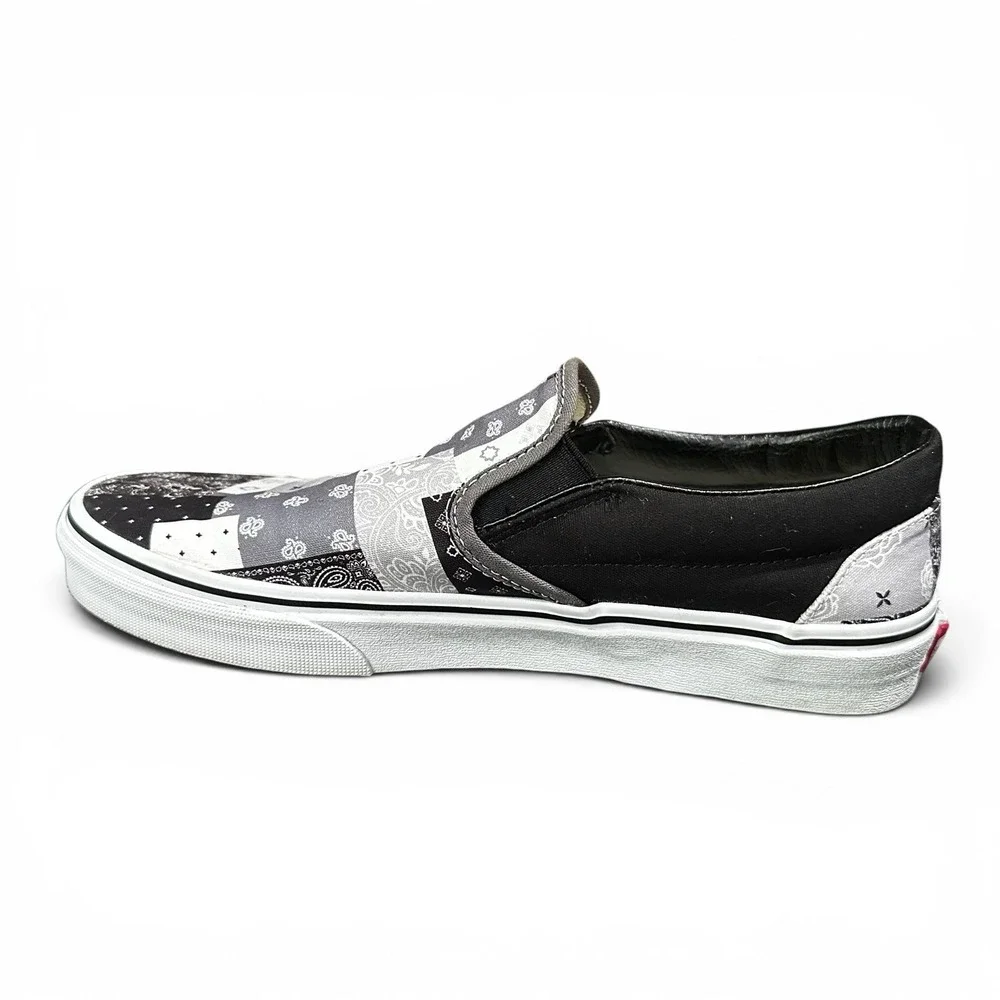 Vans Slip Ons Black & White Patchwork Bandana Shoes - Mens 9.5 / Womens 11 - EUC